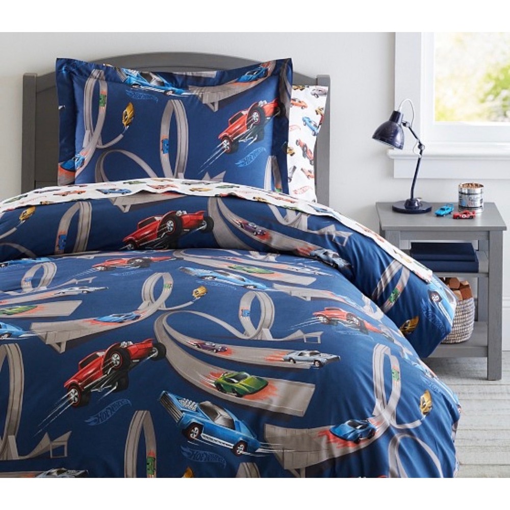 Pottery Barn Kids Hot Wheels Twin Duvet Cover 100% Organic Cotton Navy Blue